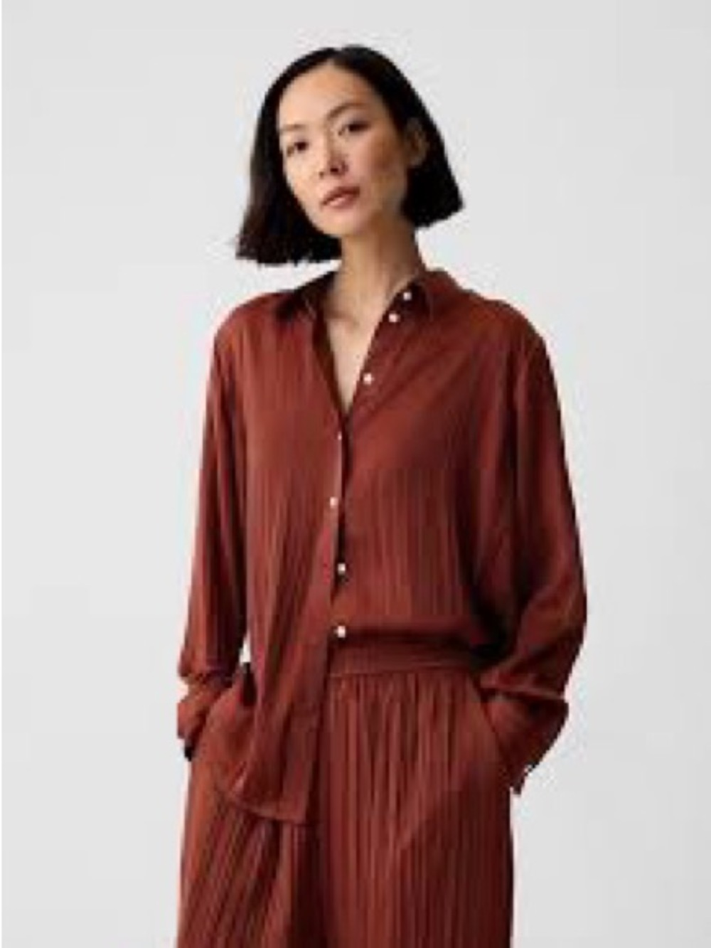 Pleated Satin Boyfriend Shirt gap s Smoked paprika brown small